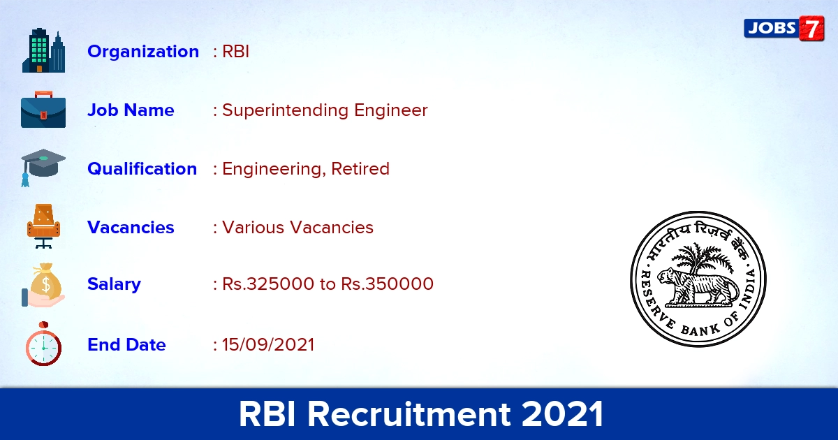 RBI Recruitment 2021 - Apply Offline for Superintending Engineer Vacancies