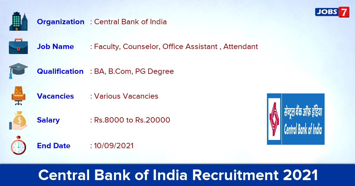 Central Bank of India Recruitment 2021 - Apply Offline for Office Assistant, Attendant Vacancies