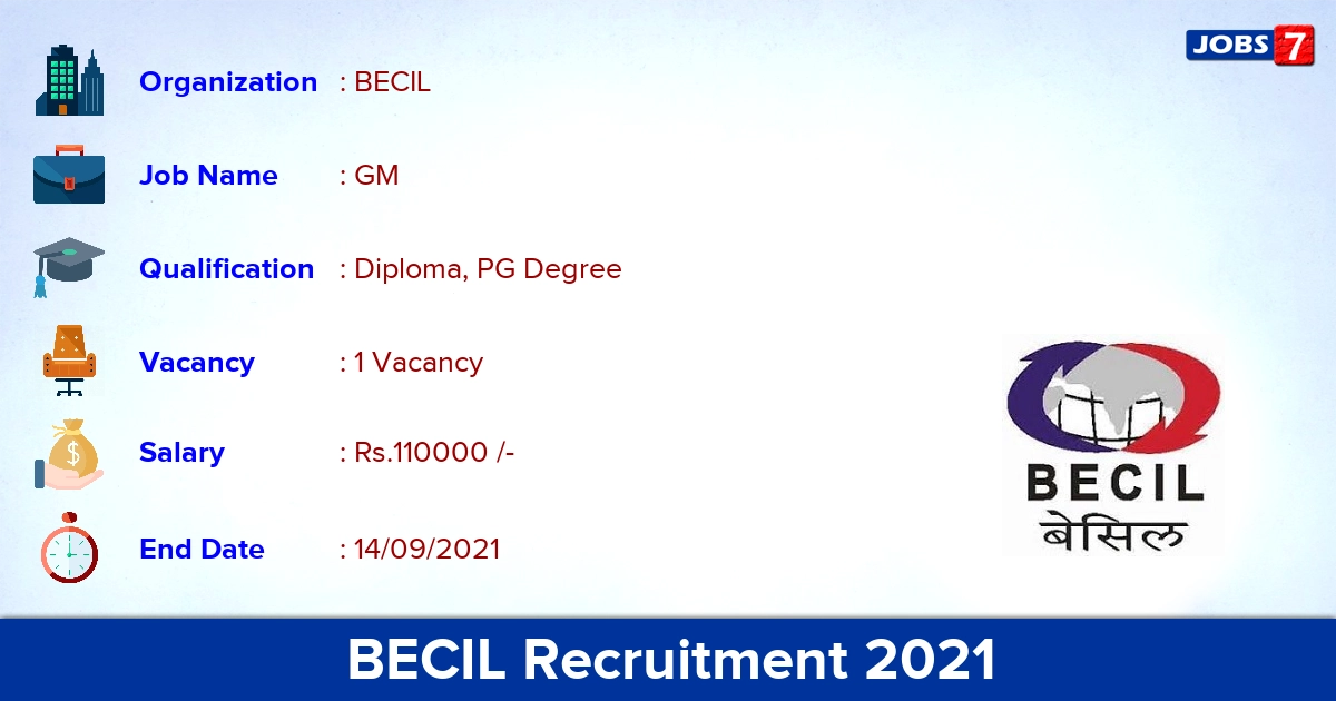 BECIL Recruitment 2021 - Apply Online for General Manager Jobs