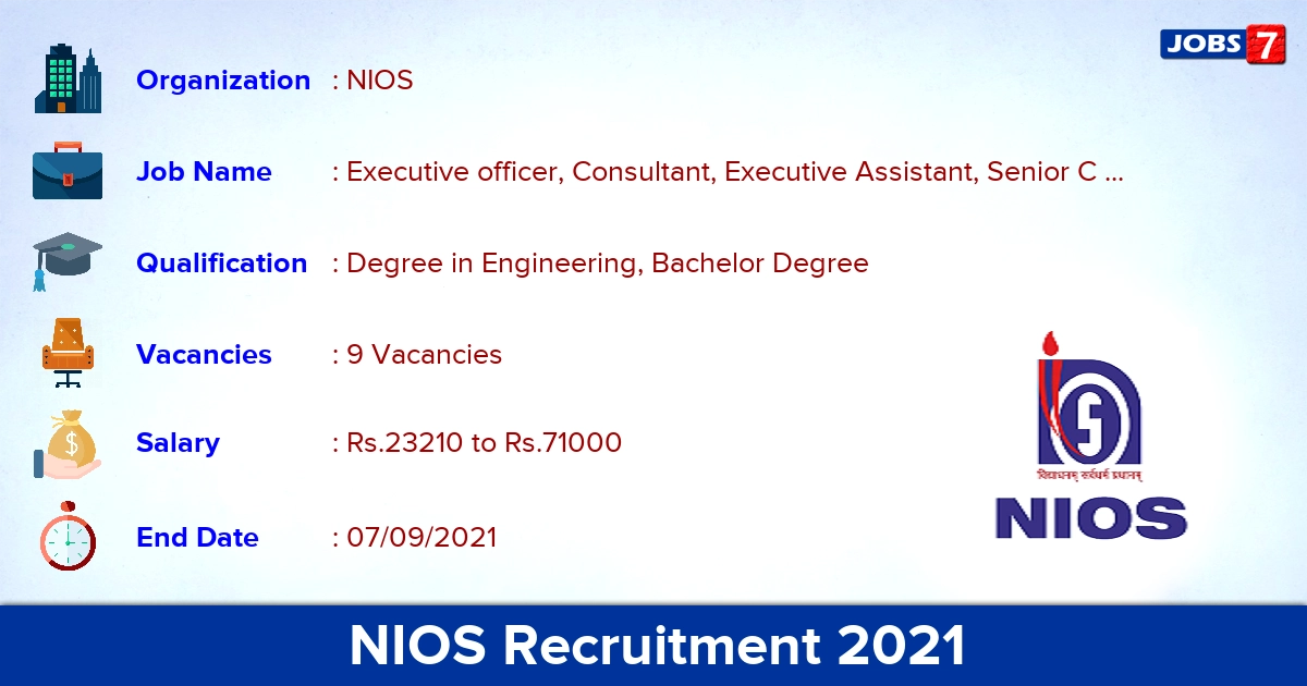 NIOS Recruitment 2021 - Apply Direct Interview for Executive officer, Consultant Jobs