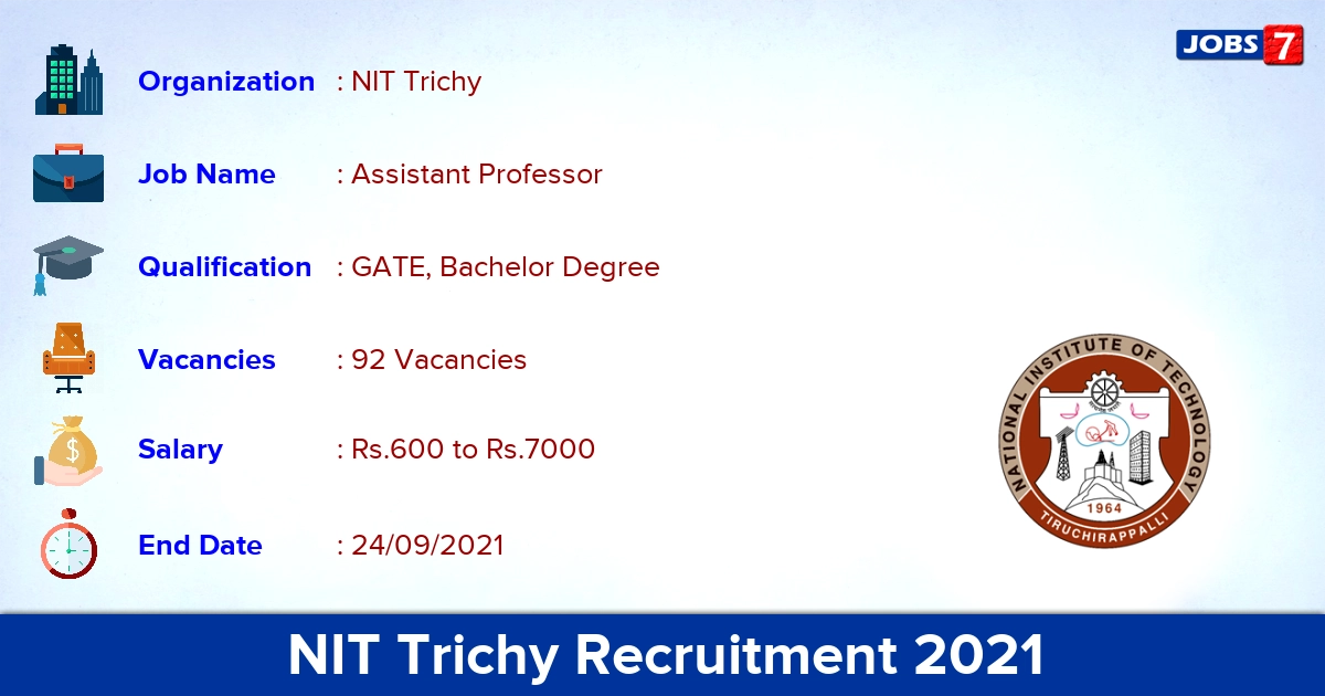 NIT Trichy Recruitment 2021 - Apply Online for 92 Assistant Professor Vacancies