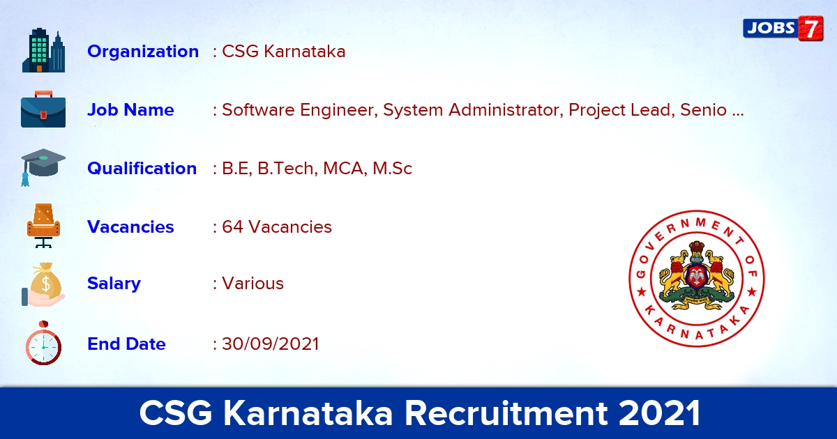 CSG Karnataka Recruitment 2021 - Apply Online for 64 Software Engineer Vacancies