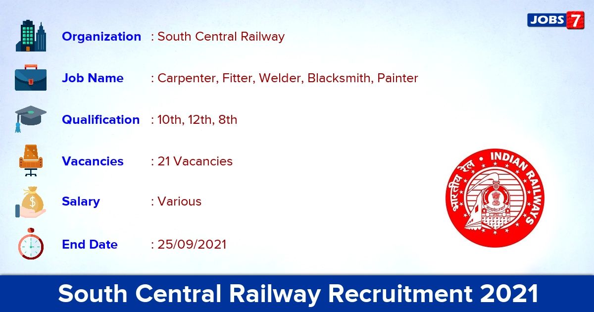 South Central Railway Recruitment 2021 - Apply Offline for 21 Carpenter, Painter Vacancies