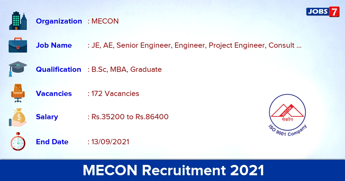 MECON Recruitment 2021 - Apply Online for 172 Engineer, Personal Secretary Vacancies