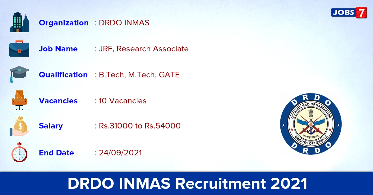 DRDO INMAS Recruitment 2021 - Apply Online for 10 JRF, Research Associate Vacancies