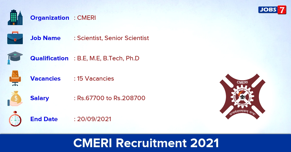 CMERI Recruitment 2021 - Apply Online for 15 Scientist Vacancies