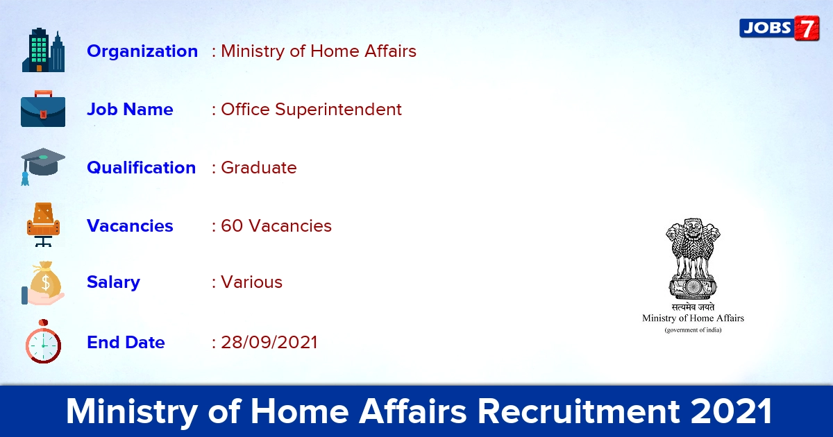 Ministry of Home Affairs Recruitment 2021 - Apply Offline for 60 Office Superintendent Vacancies