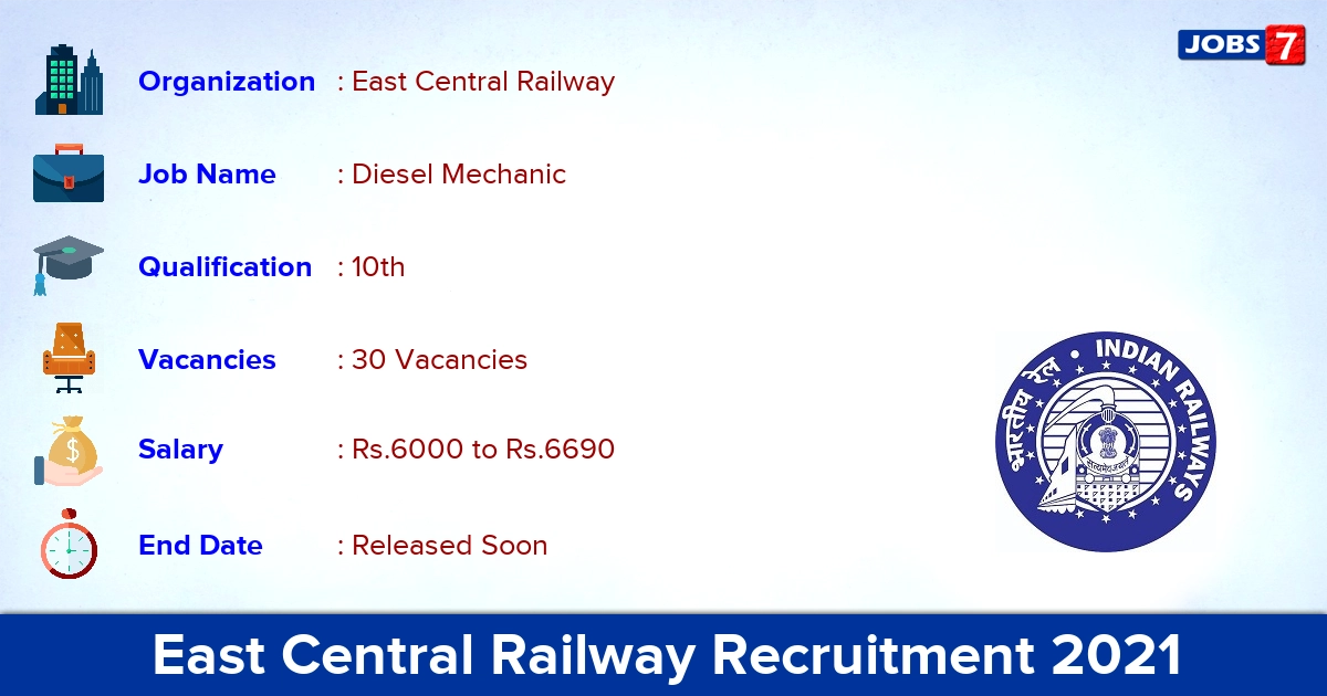 East Central Railway Recruitment 2021 - Apply Online for 30 Diesel Mechanic Vacancies