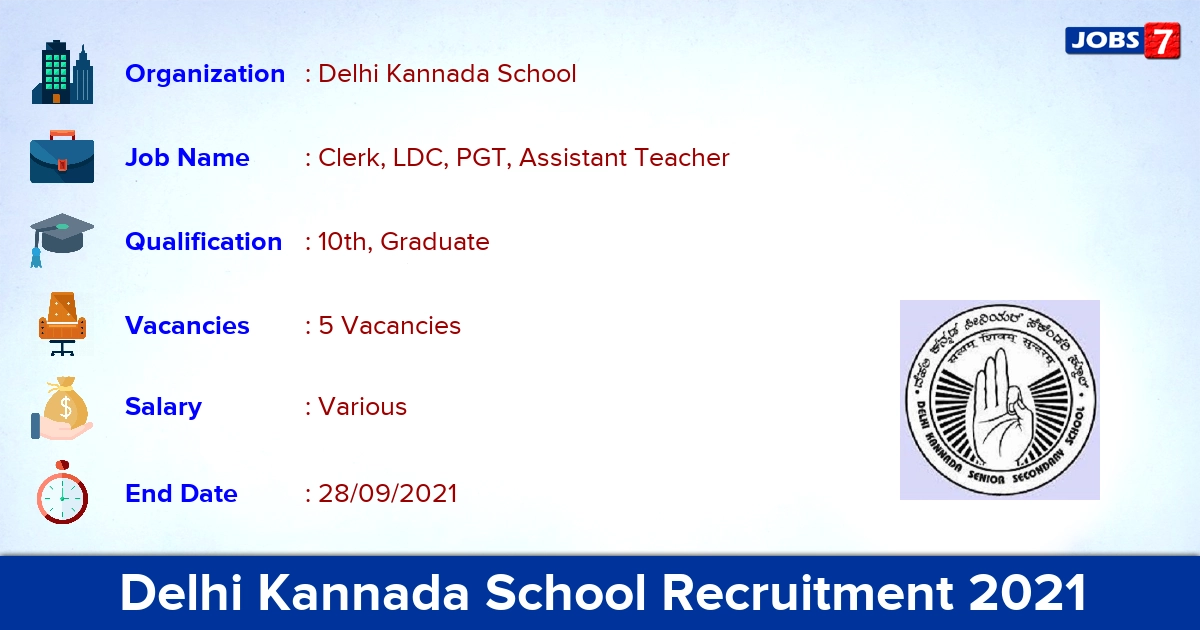 Delhi Kannada School Recruitment 2021 - Apply Offline for PGT, Assistant Teacher Jobs