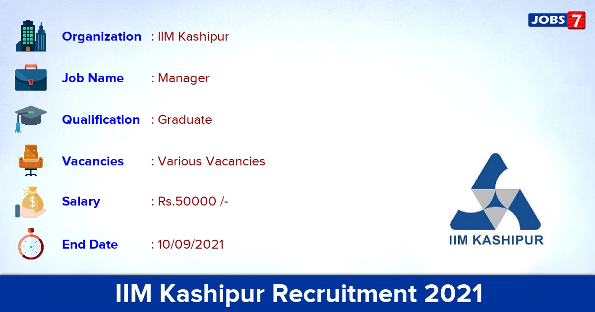 IIM Kashipur Recruitment 2021 - Apply Online for Manager Vacancies