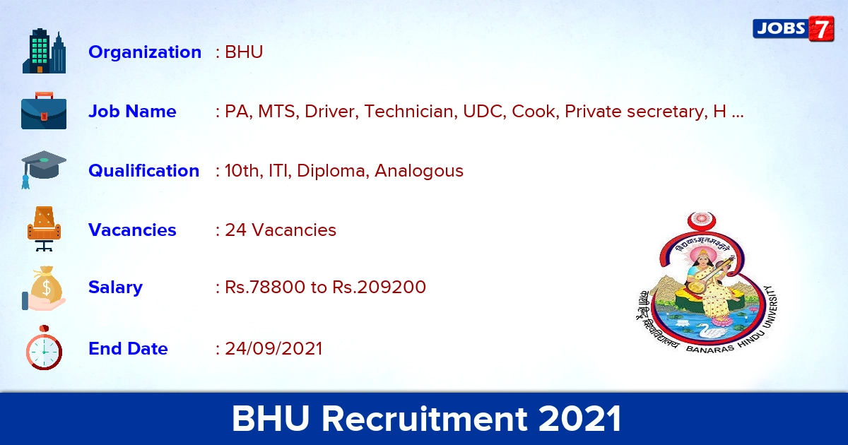 BHU Recruitment 2021 - Apply Online for 24 Driver, Cook Vacancies