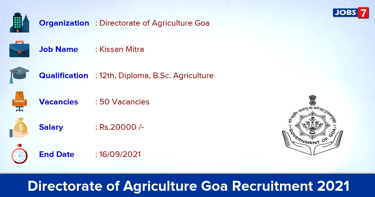 Directorate of Agriculture Goa Recruitment 2021 - Apply Direct Interview for 50 Kissan Mitra Vacancies
