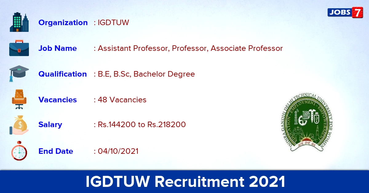 IGDTUW Recruitment 2021 - Apply Online for 48 Professor Vacancies