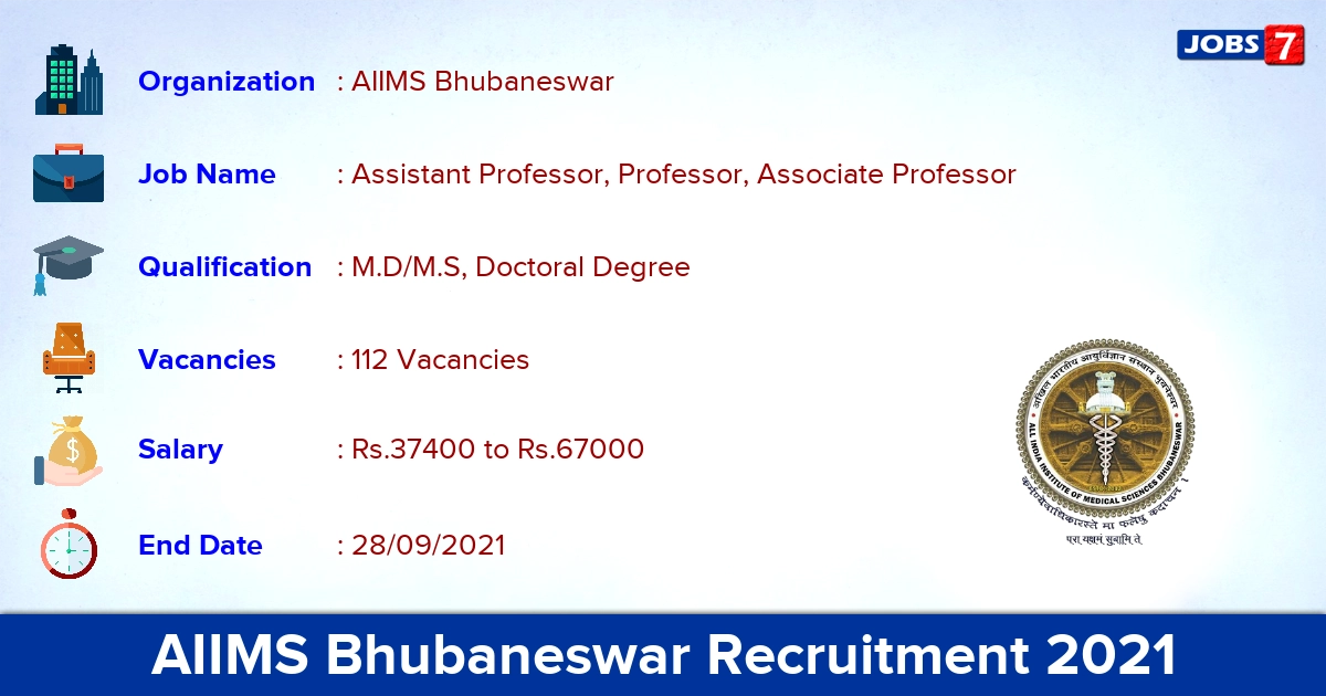 AIIMS Bhubaneswar Recruitment 2021 - Apply Online for 112 Professor Vacancies