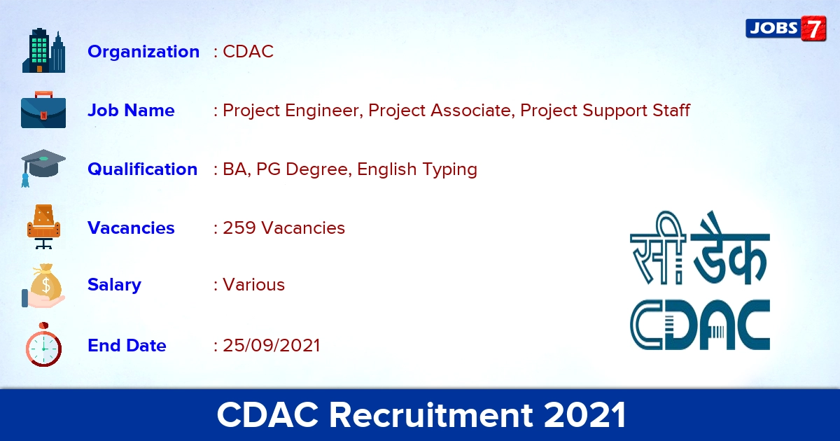 CDAC Recruitment 2021 - Apply Online for 259 Project Engineer Vacancies