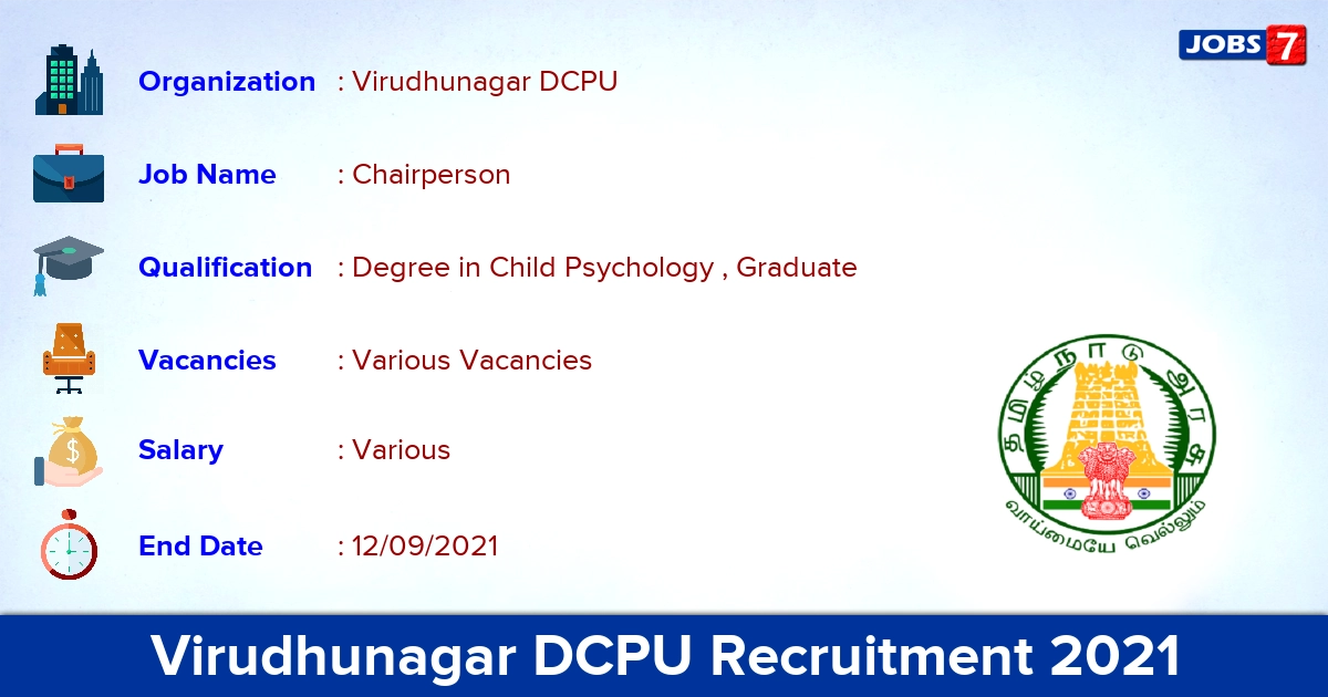 Virudhunagar DCPU Recruitment 2021 - Apply Offline for Chairperson Vacancies