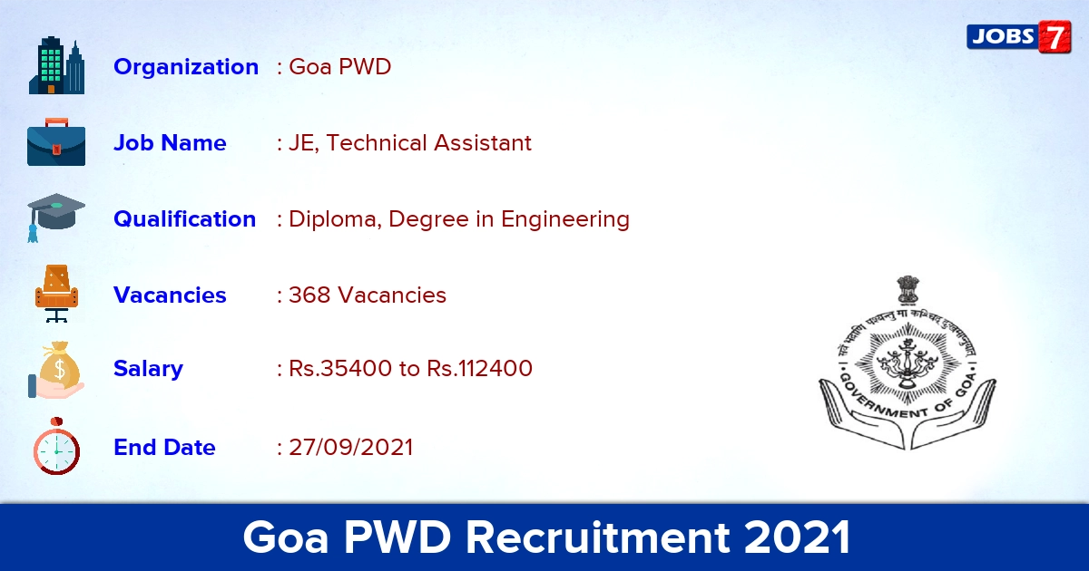 Goa PWD Recruitment 2021 - Apply Online for 368 JE, Technical Assistant Vacancies