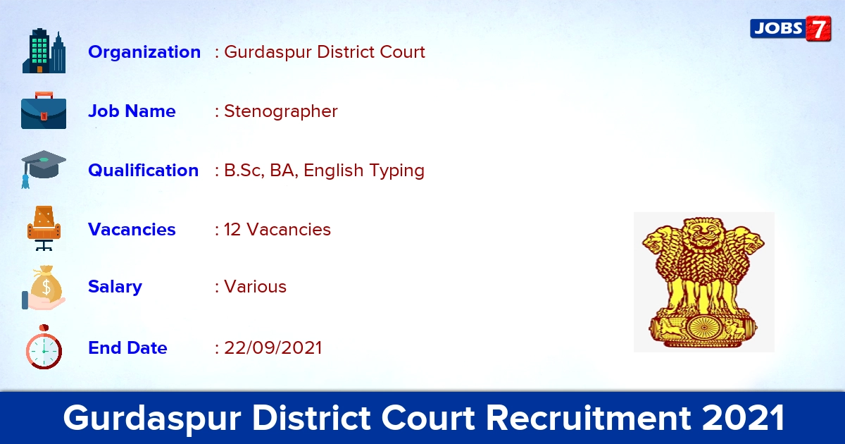 Gurdaspur District Court Recruitment 2021 - Apply Offline for 12 Stenographer Vacancies