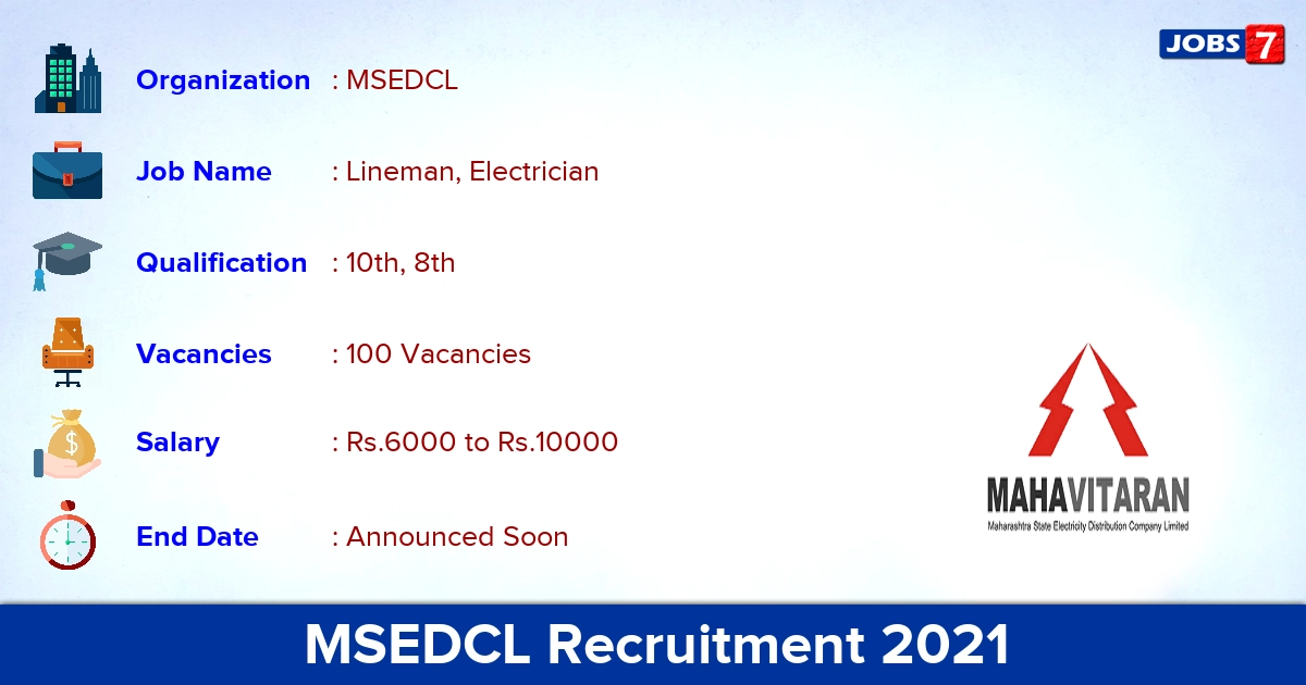 MSEDCL Recruitment 2021 - Apply Online for 100 Lineman, Electrician Vacancies