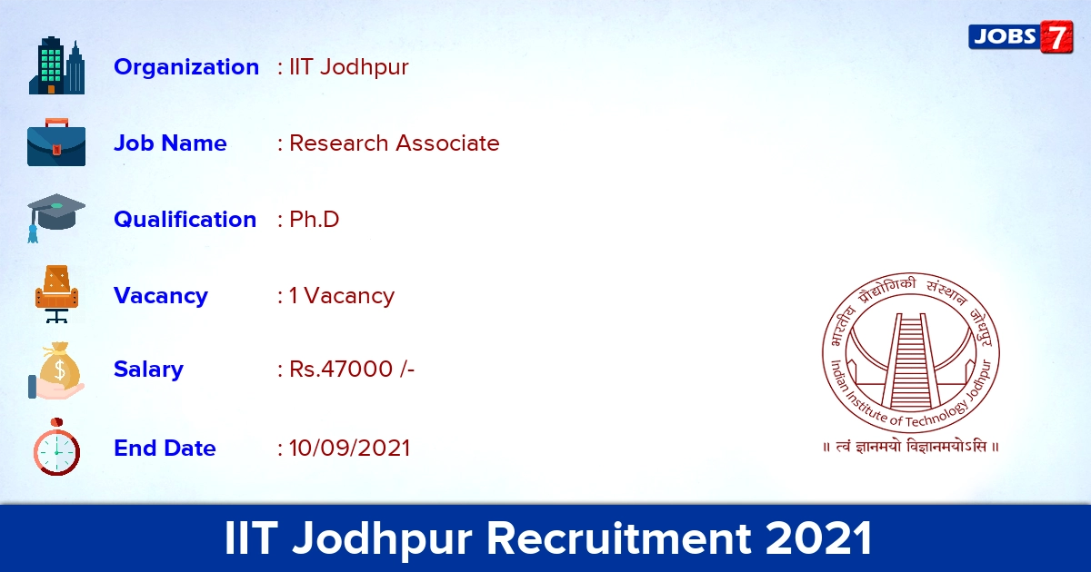 IIT Jodhpur Recruitment 2021 - Apply Online for Research Associate Jobs