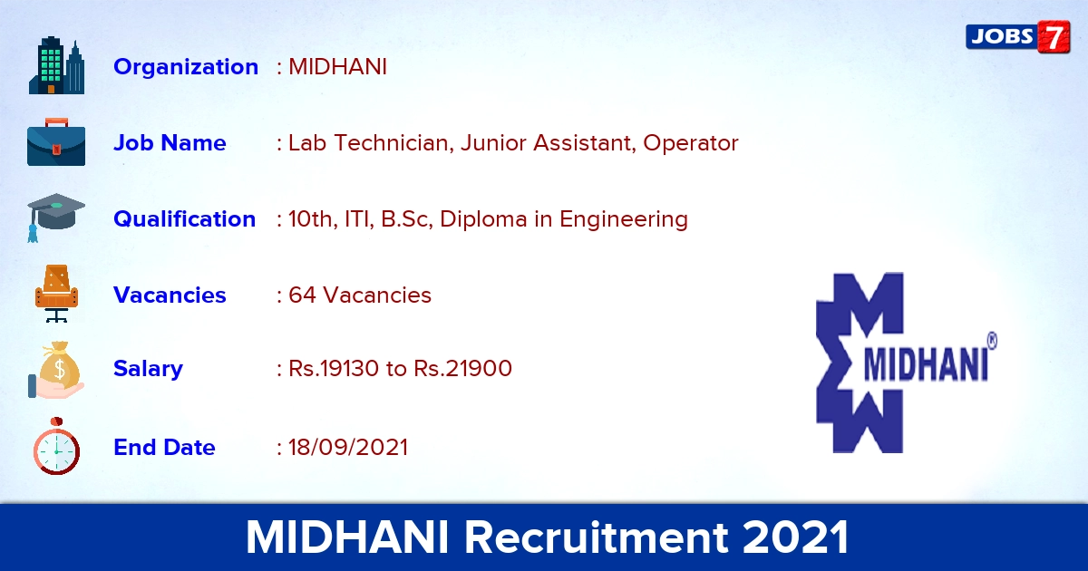 MIDHANI Recruitment 2021 - Apply Online for 64 Junior Assistant Vacancies