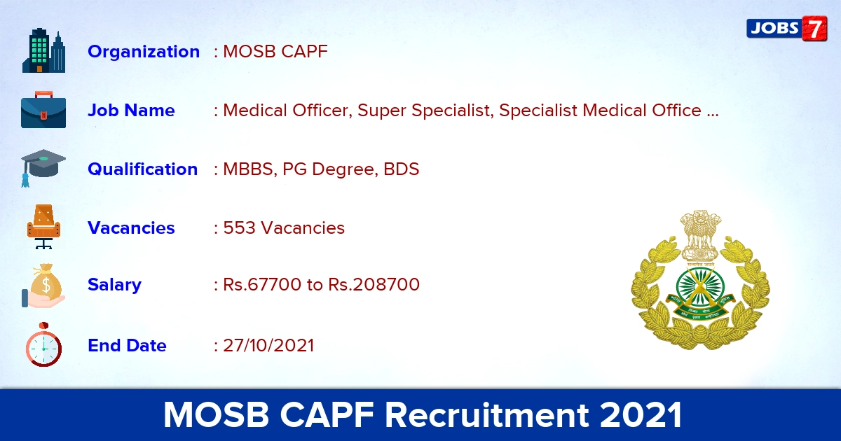 MOSB CAPF Recruitment 2021 - Apply Online for 553 Medical Officer, Dental Surgeon Vacancies