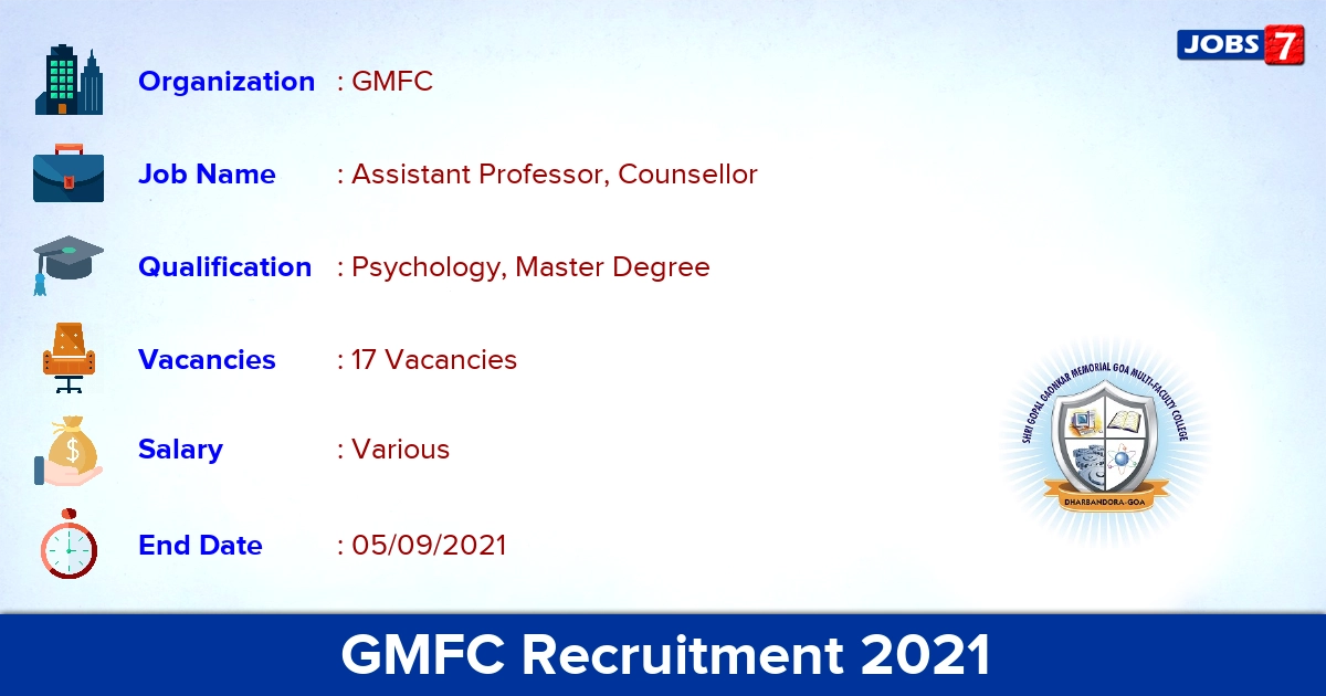 GMFC Recruitment 2021 - Apply Offline for 17 Assistant Professor, Counsellor Vacancies