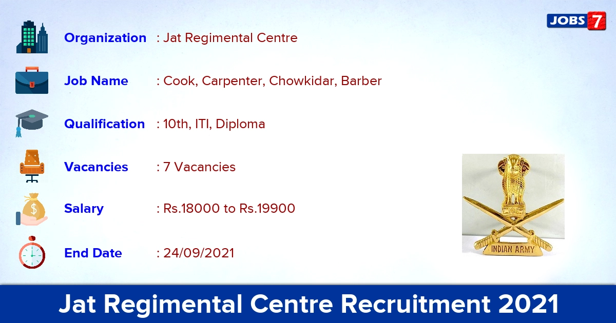 Jat Regimental Centre Recruitment 2021 - Apply Offline for Cook, Carpenter Jobs Jat Regimental Centre Recruitment 2021 - Apply Offline for Cook, Carpenter Jobs