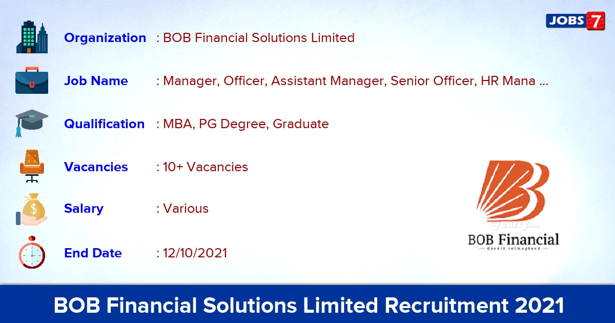 BOB Financial Solutions Limited Recruitment 2021 - Apply Online for 10+ Senior Officer Vacancies BOB Financial Solutions Limited Recruitment 2021 - Apply Online for 10+ Senior Officer Vacancies
