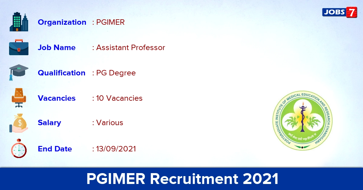 PGIMER Recruitment 2021 - Apply Direct Interview for 10 Assistant Professor Vacancies