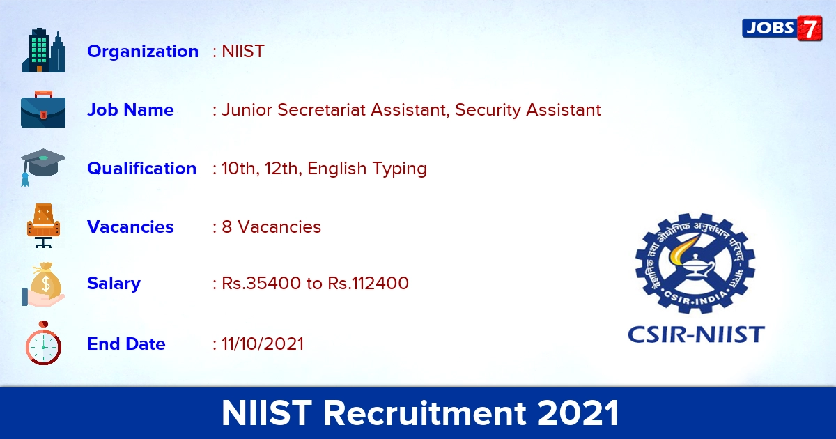 NIIST Recruitment 2021 - Apply Online for Junior Secretariat Assistant Jobs