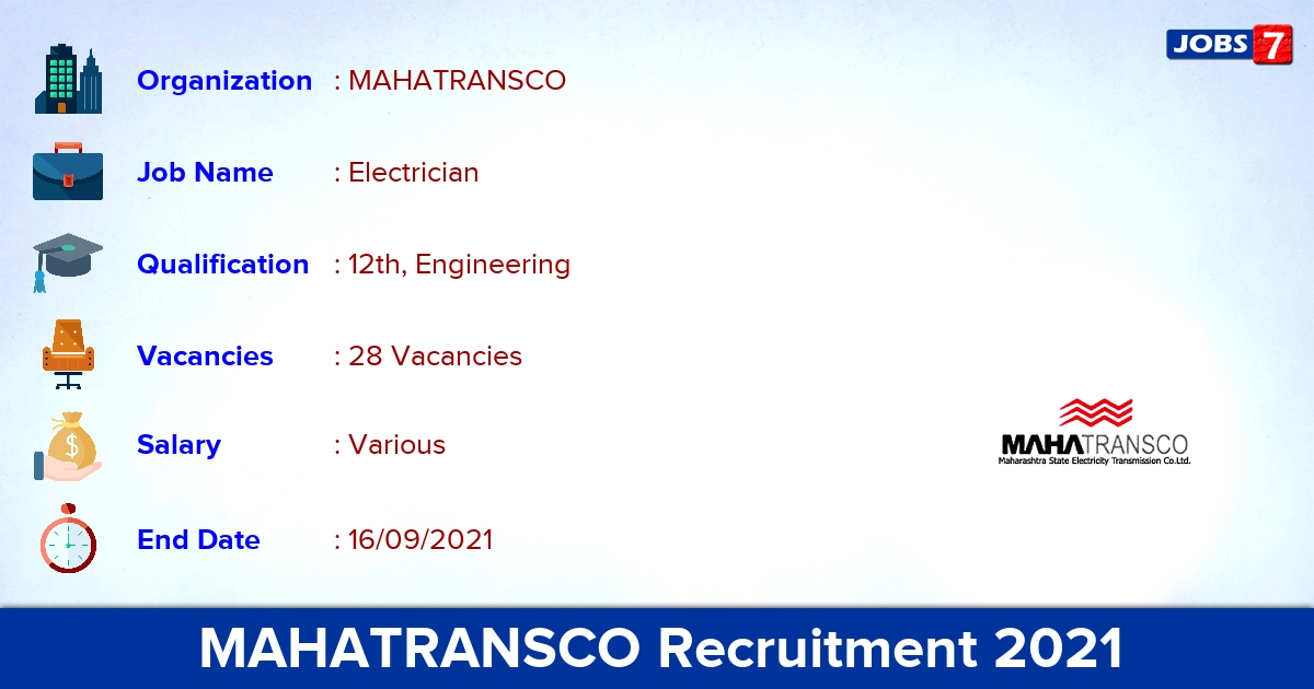 MAHATRANSCO Recruitment 2021 - Apply Online for 28 Electrician Vacancies