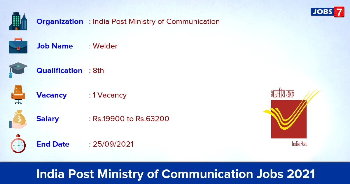India Post Ministry of Communication Recruitment 2021 - Apply Offline for Welder Jobs
