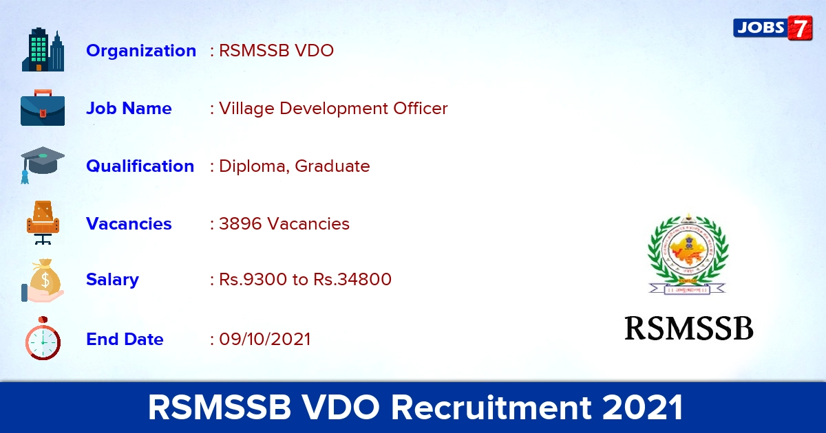 RSMSSB VDO Recruitment 2021 - Apply Online for 3896 Vacancies