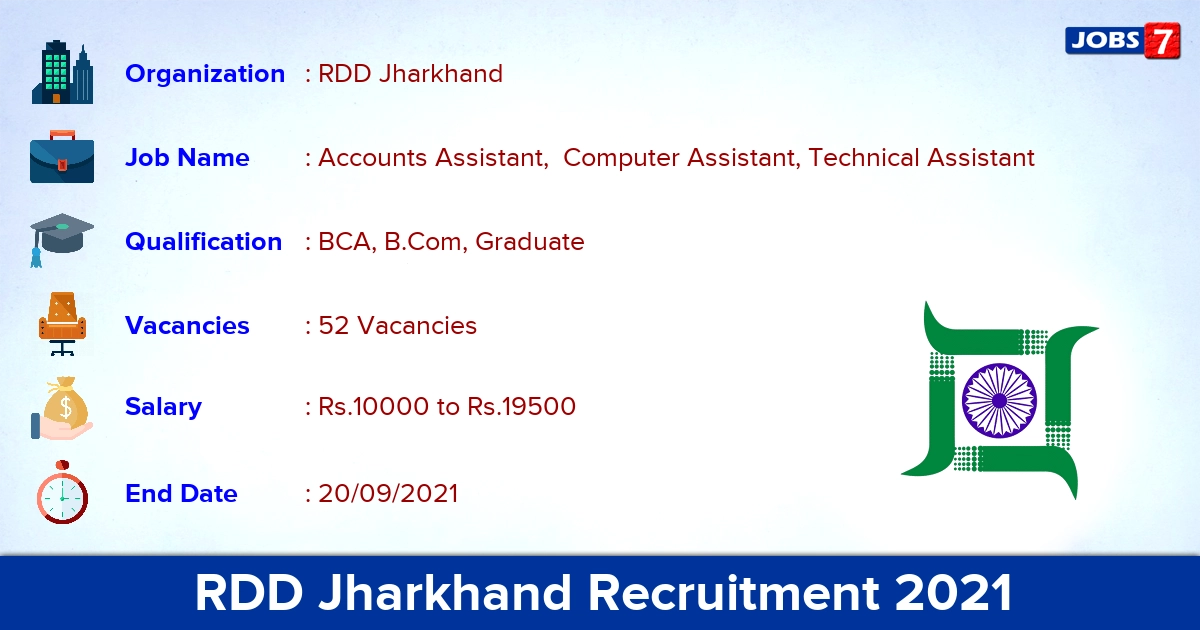 RDD Jharkhand Recruitment 2021 - Apply Online for 52 Technical Assistant Vacancies
