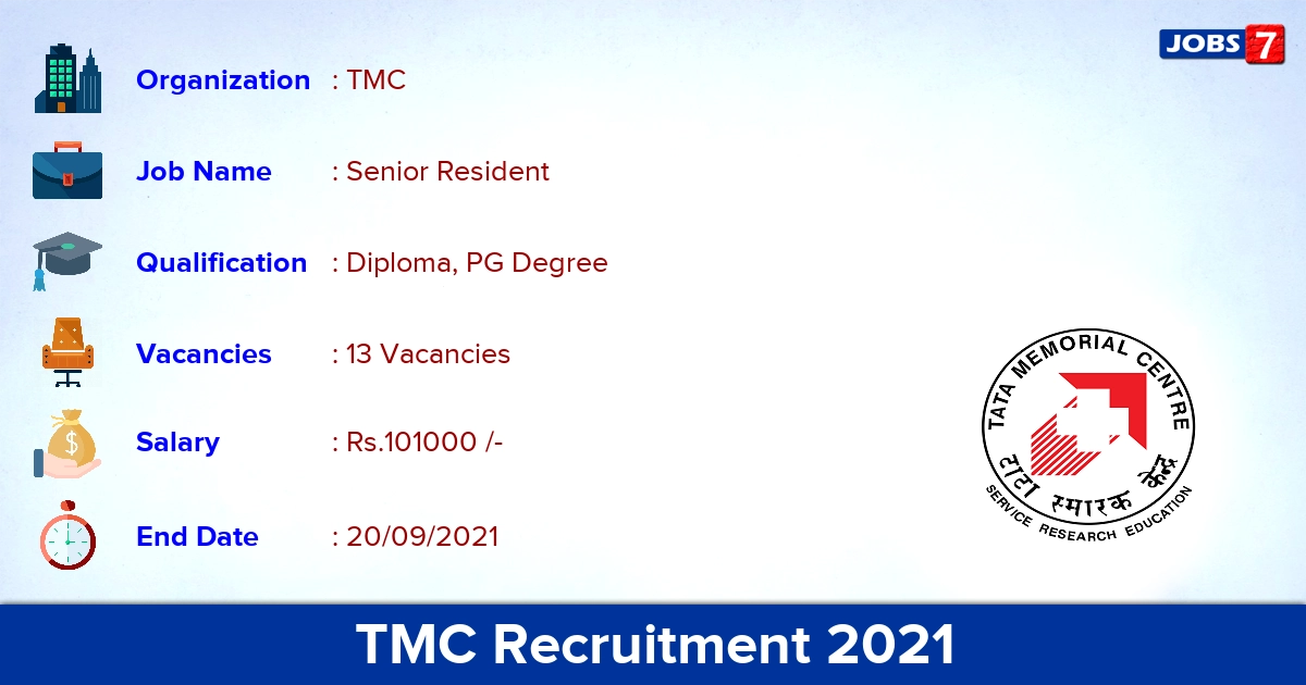 TMC Recruitment 2021 - Apply Online for 13 Senior Resident Vacancies