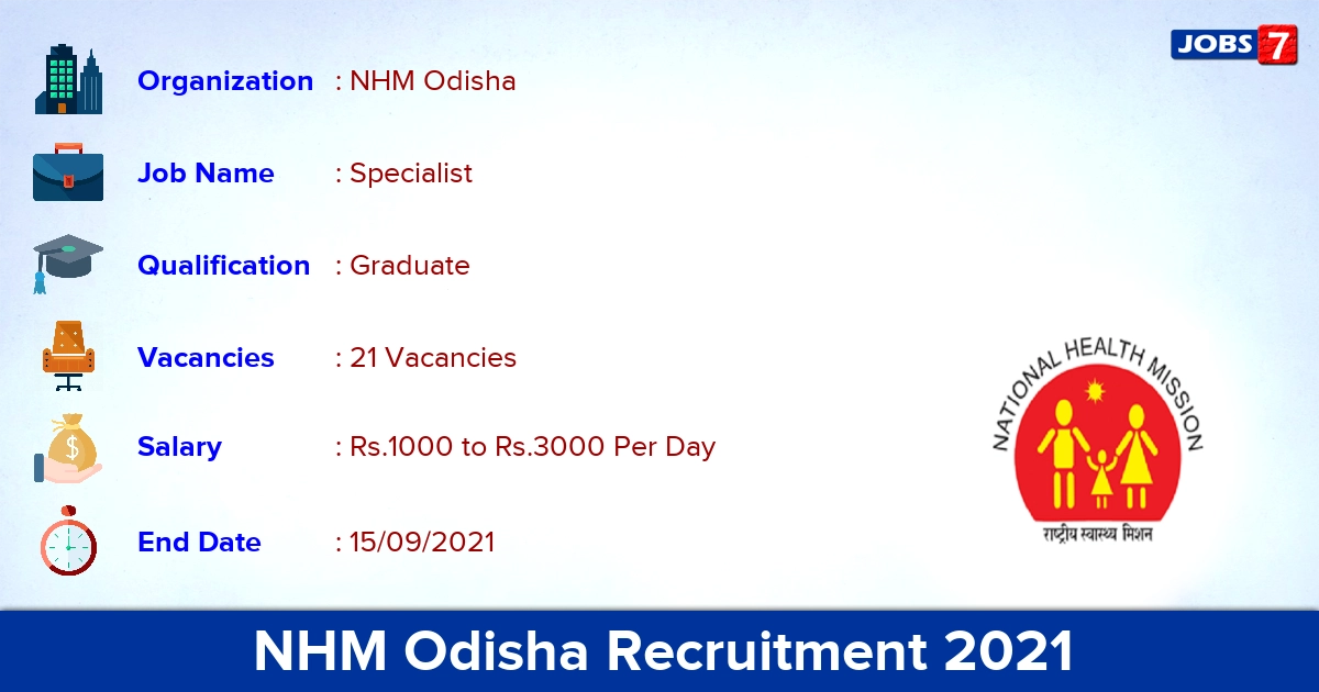NHM Odisha Recruitment 2021 - Apply Offline for 21 Specialist Vacancies