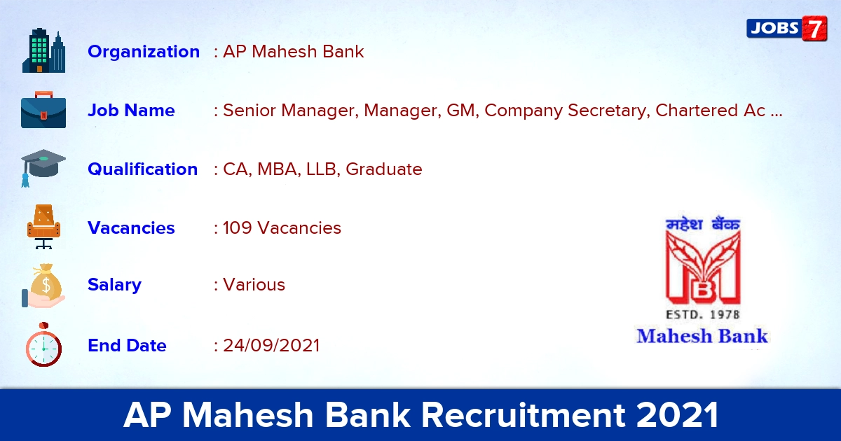 AP Mahesh Bank Recruitment 2021 - Apply Online for 109 Manager Vacancies