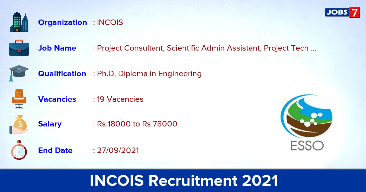 INCOIS Recruitment 2021 - Apply Online for 19 Project Consultant Vacancies