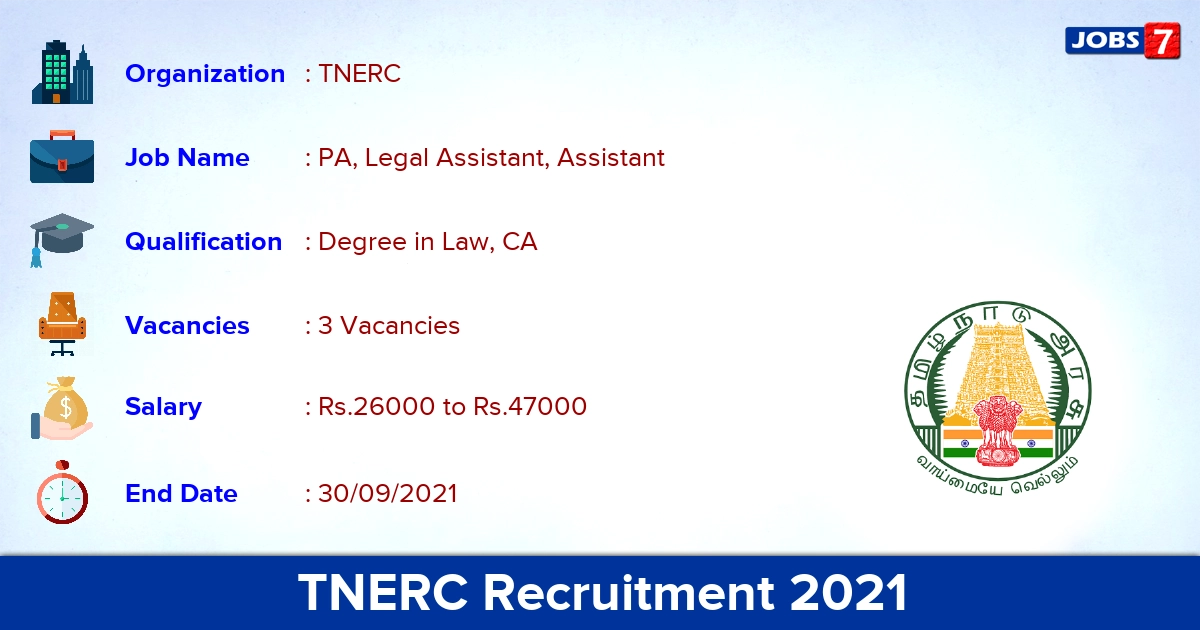 TNERC Recruitment 2021 - Apply Offline for PA, Legal Assistant Jobs