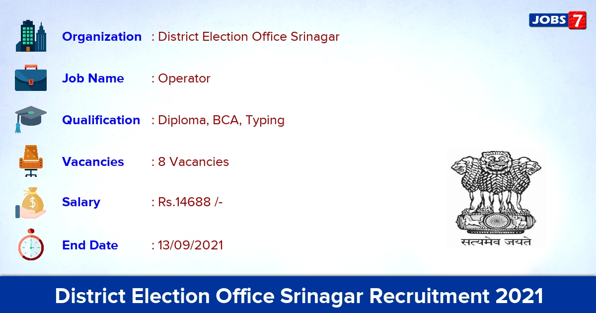 District Election Office Srinagar Recruitment 2021 - Apply Offline for Operator Jobs