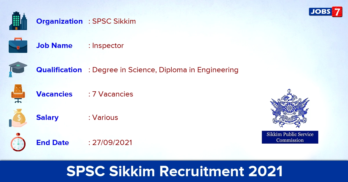 SPSC Sikkim Recruitment 2021 - Apply Online for Inspector of Legal Metrology Jobs