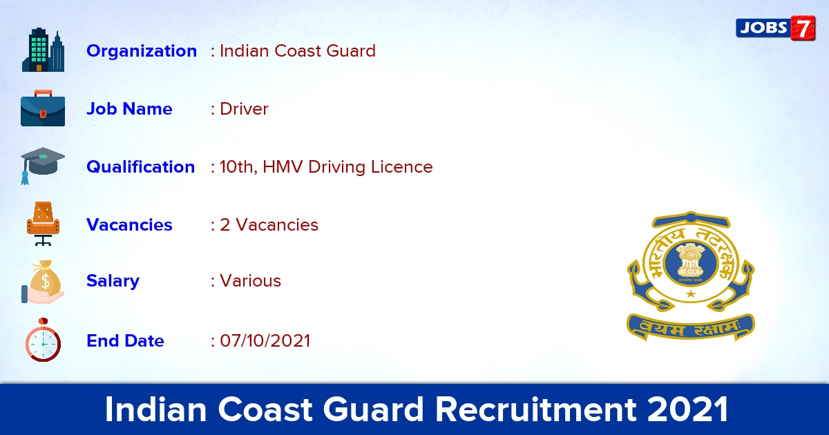 Indian Coast Guard Recruitment 2021 - Apply Offline for Driver Jobs