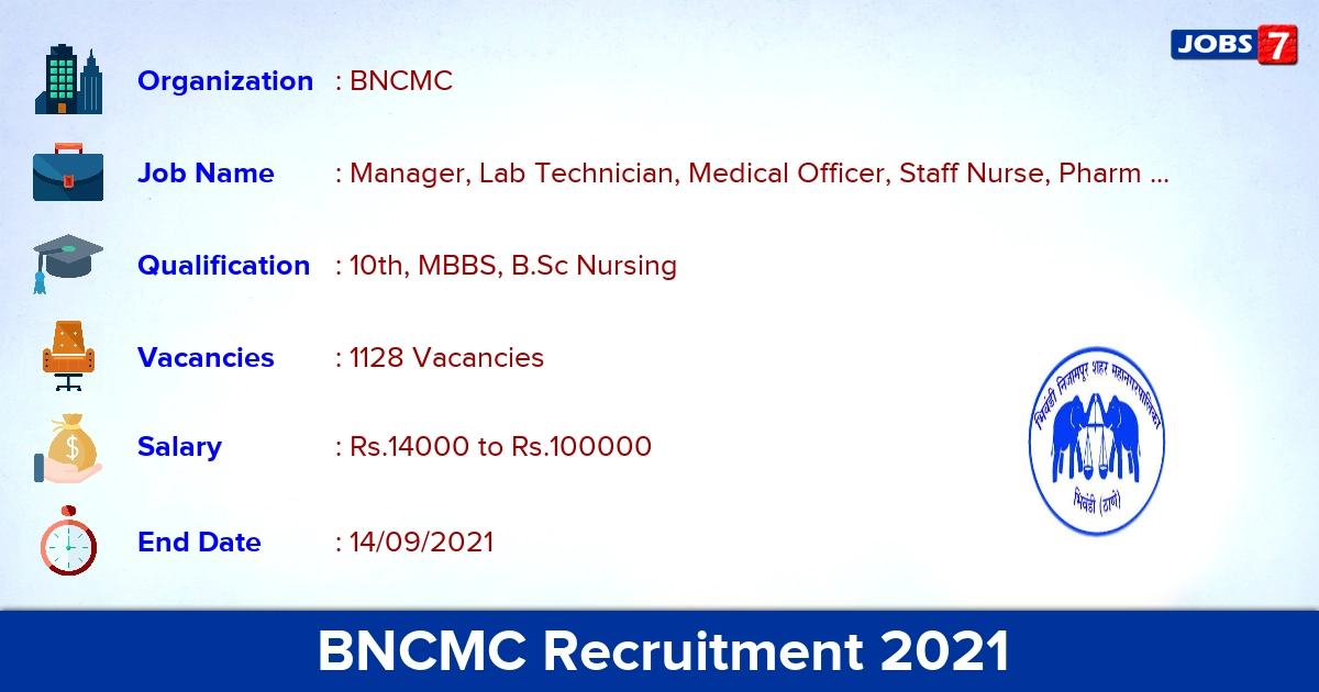 BNCMC Recruitment 2021 - Apply Online for 1128 Medical Officer, ANM Vacancies