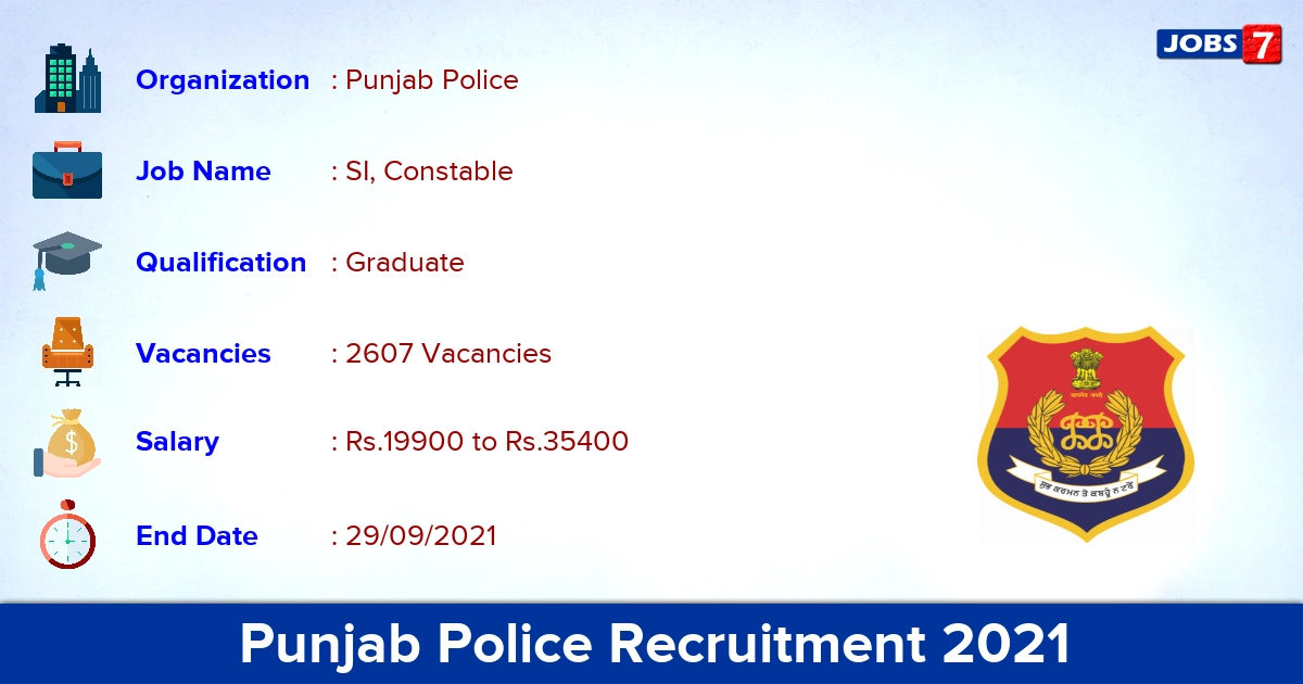 Punjab Police Recruitment 2021 - Apply Online for 2607 SI, Constable Vacancies