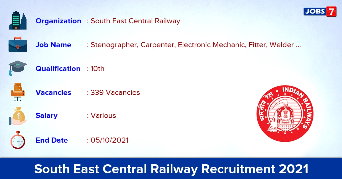 South East Central Railway Recruitment 2021 - Apply Online for 339 Fitter, Welder Vacancies South East Central Railway Recruitment 2021 - Apply Online for 339 Fitter, Welder Vacancies