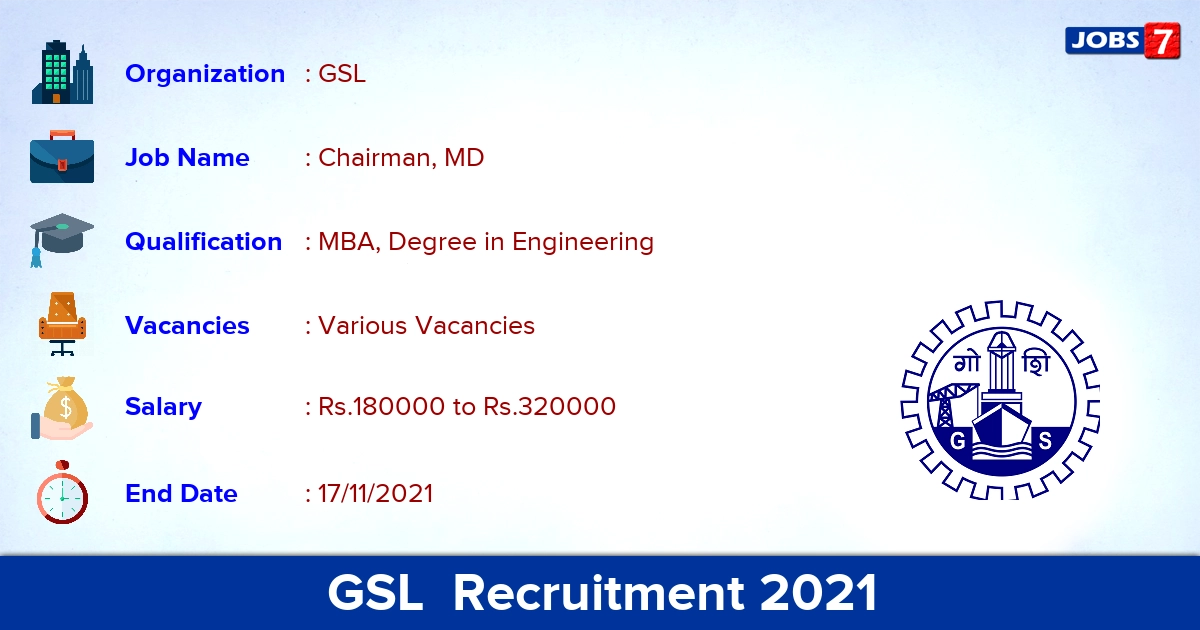 GSL Recruitment 2021 - Apply Online for Chairman, MD Vacancies