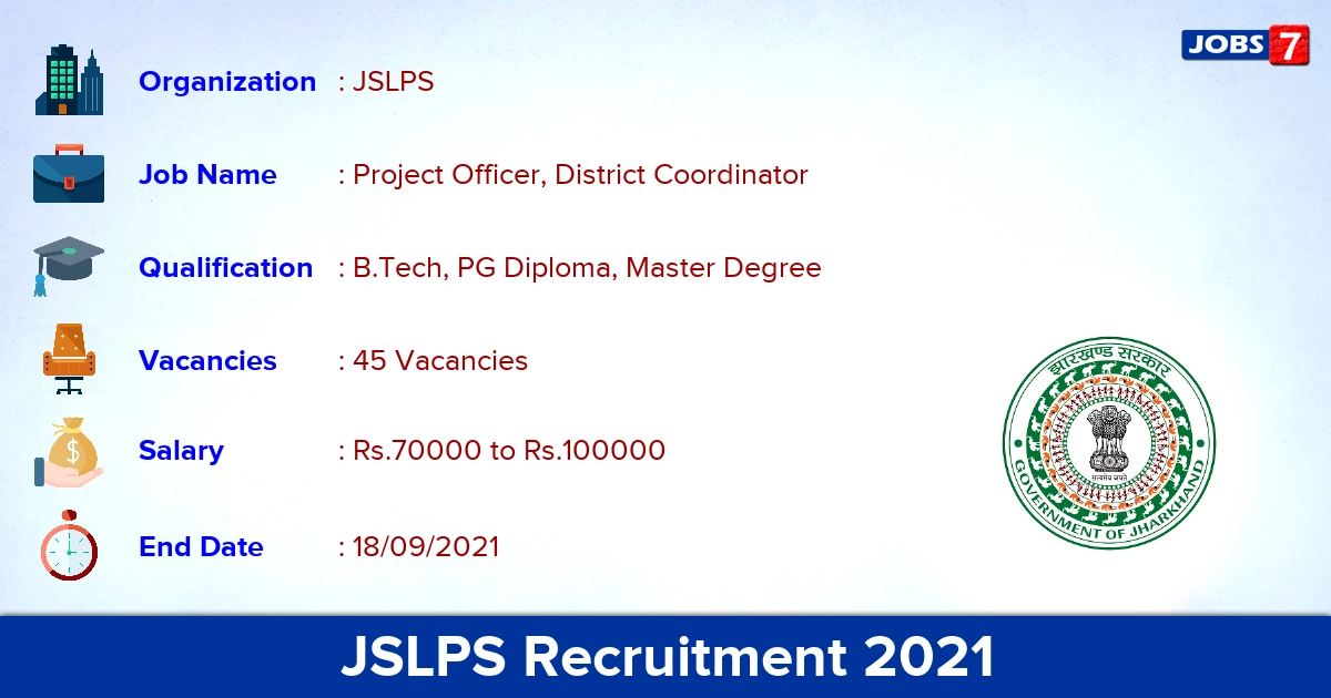 JSLPS Recruitment 2021 - Apply Online for 45 District Coordinator Vacancies