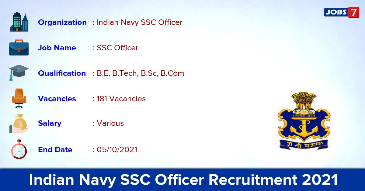 Indian Navy SSC Officer Recruitment 2021 - Apply Online for 181 Vacancies