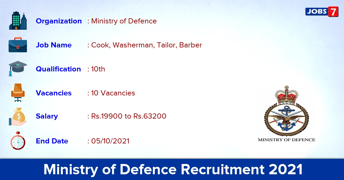 Ministry of Defence Recruitment 2021 - Apply Offline for 10 Cook, Barber Vacancies